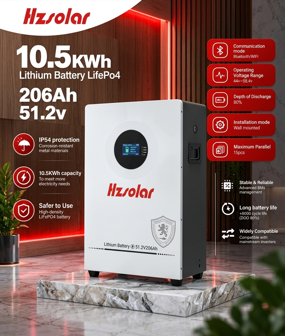 Hzsolar 10.5kWh 51.2V 206Ah Wall-Mounted LiFePO4 Lithium Battery